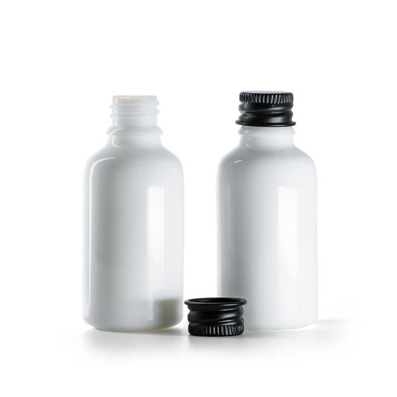 Botella de vidrio, blanca, tapón de aluminio negro, 30 ml