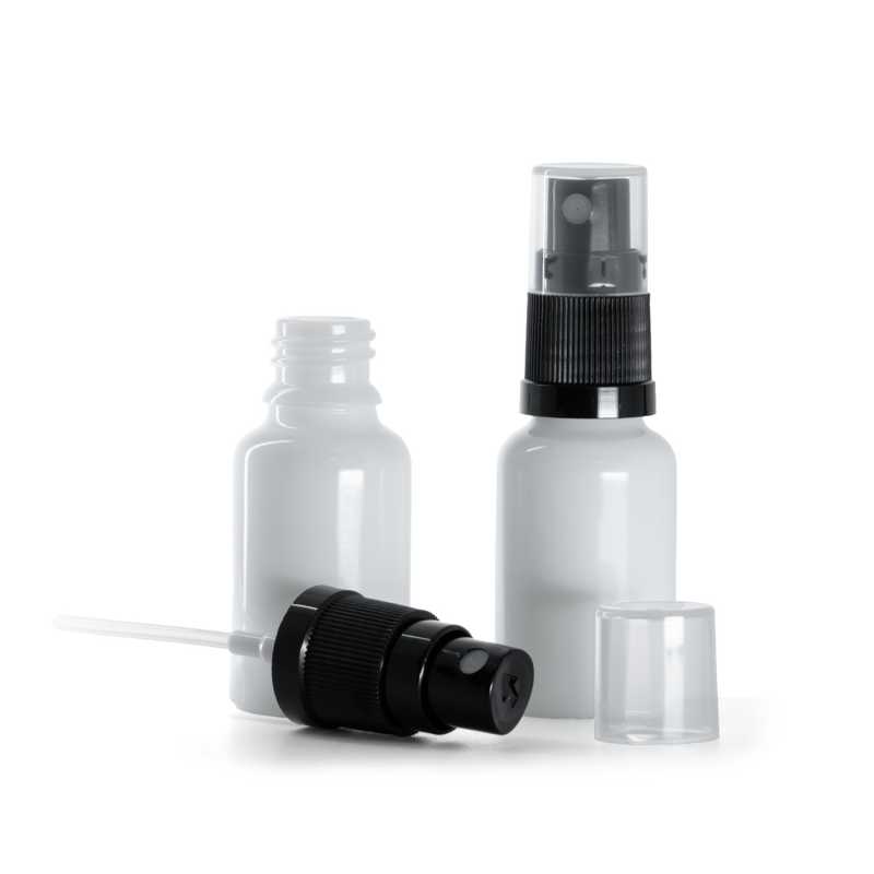 Frasco de vidrio, blanco, pulverizador negro, 15 ml