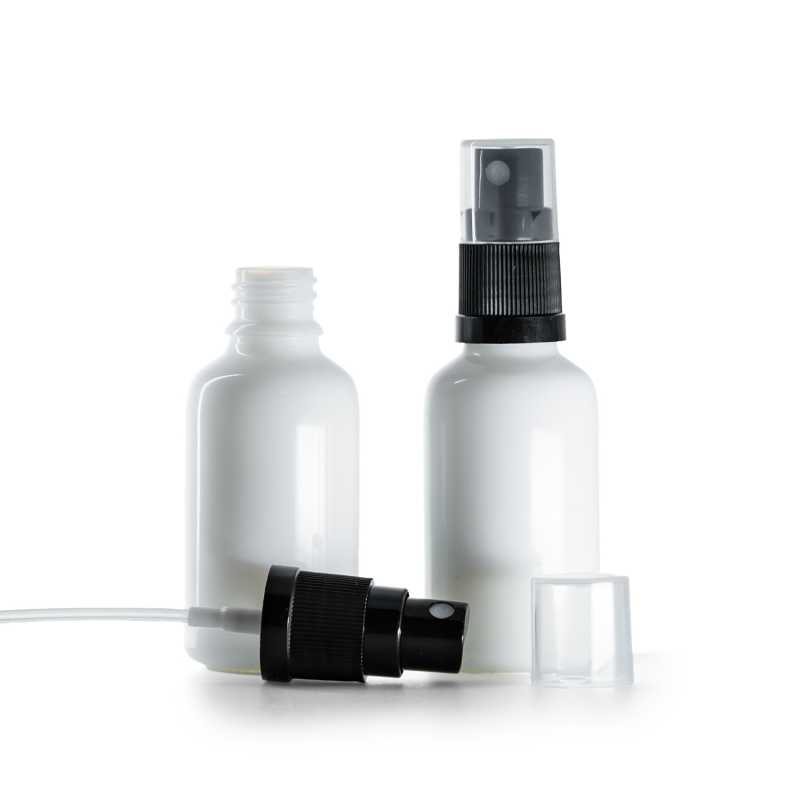 Botella de vidrio, blanca, pulverizador negro, 30 ml