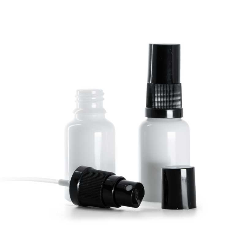 Botella de vidrio, blanca, pulverizador, negro, 15 ml