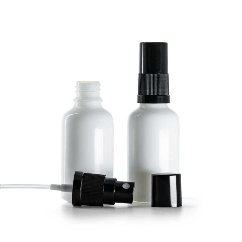 Frasco de vidrio, blanco, pulverizador negro, tapa negra, 30 ml