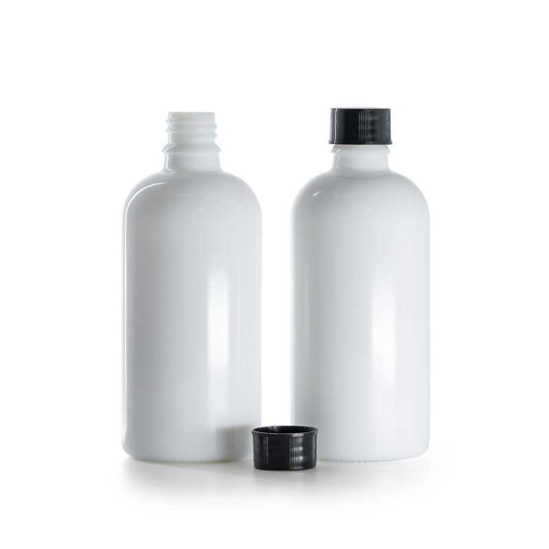 Frasco de vidrio, frasco farmacéutico, blanco, tapón negro, 100 ml