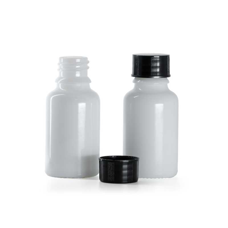 Frasco de vidrio, blanco, tapón negro, 15 ml