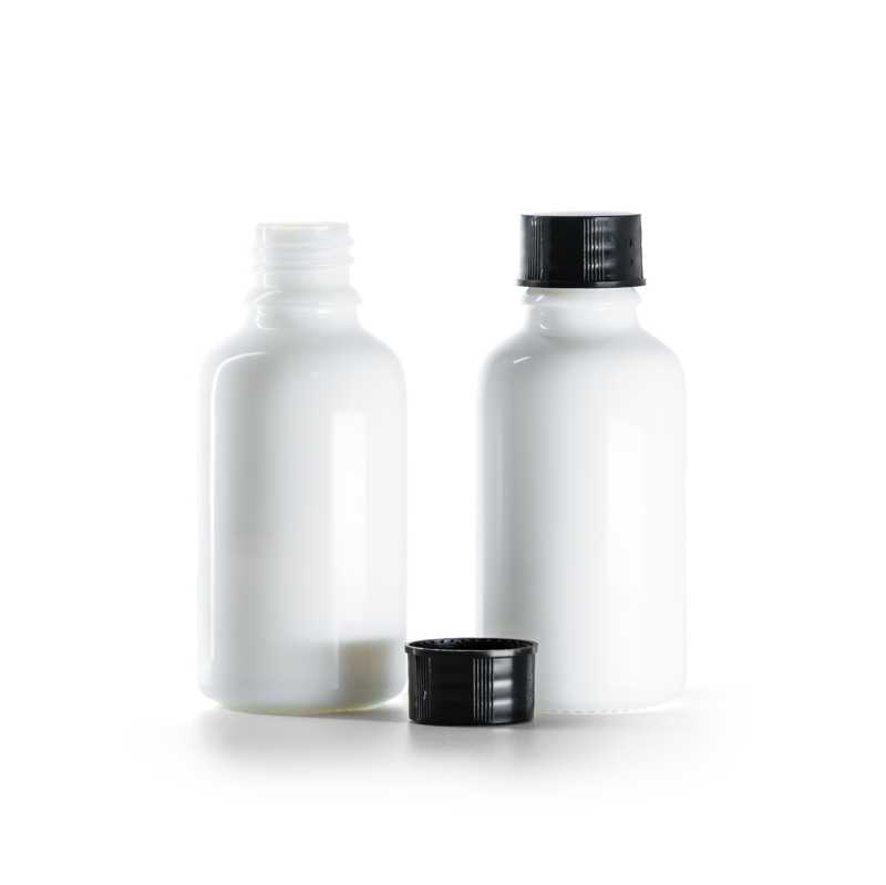 Frasco de vidrio, blanco, tapón negro, 30 ml