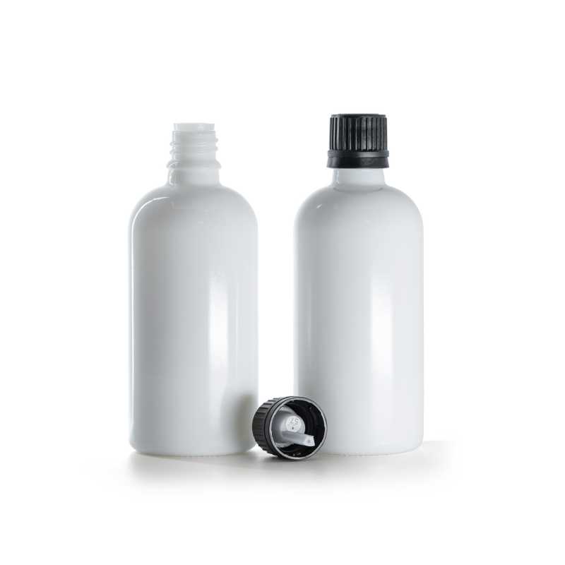 Frasco de vidrio blanco, tapón negro con cuentagotas, 100 ml