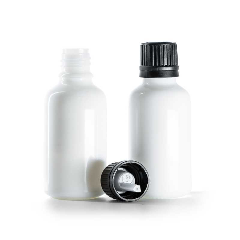 Frasco de vidrio blanco, tapón negro con cuentagotas, 30 ml