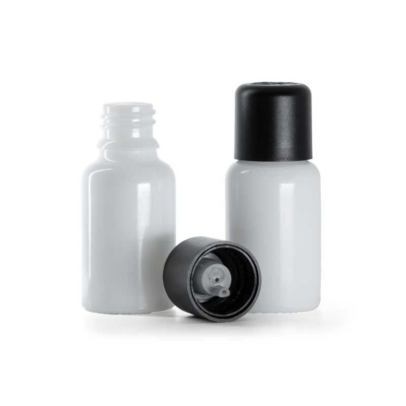 Frasco de vidrio blanco, tapón de seguridad inviolable negro con cuentagotas, 15 ml