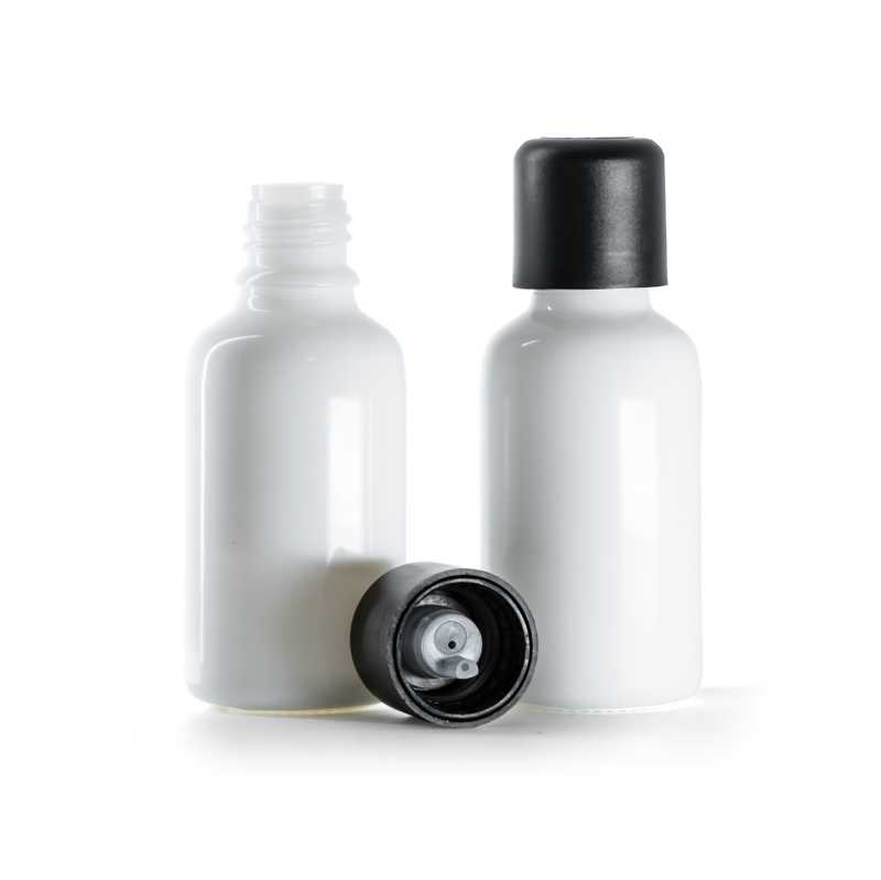 Frasco de vidrio, gotero, blanco, tapón de seguridad inviolable negro, 30 ml