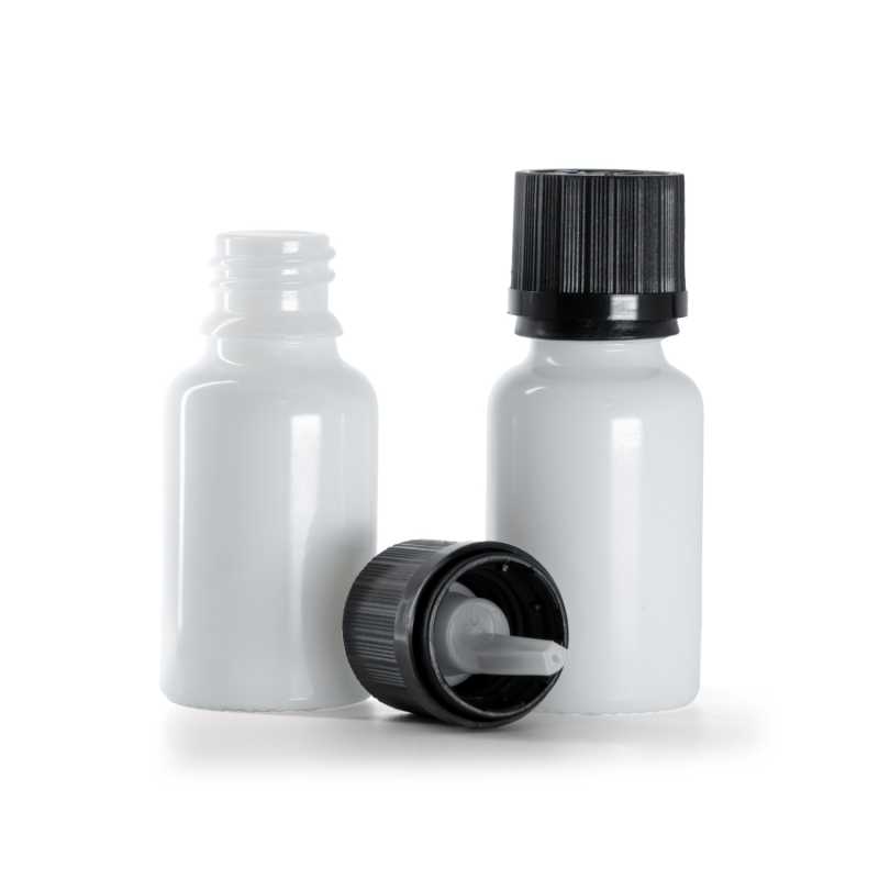 Frasco de vidrio, blanco, tapón de seguridad negro con cuentagotas, 15 ml