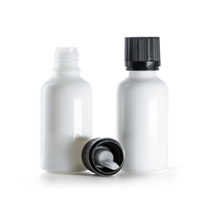 Frasco de vidrio, blanco, tapón de seguridad negro con cuentagotas, 30 ml