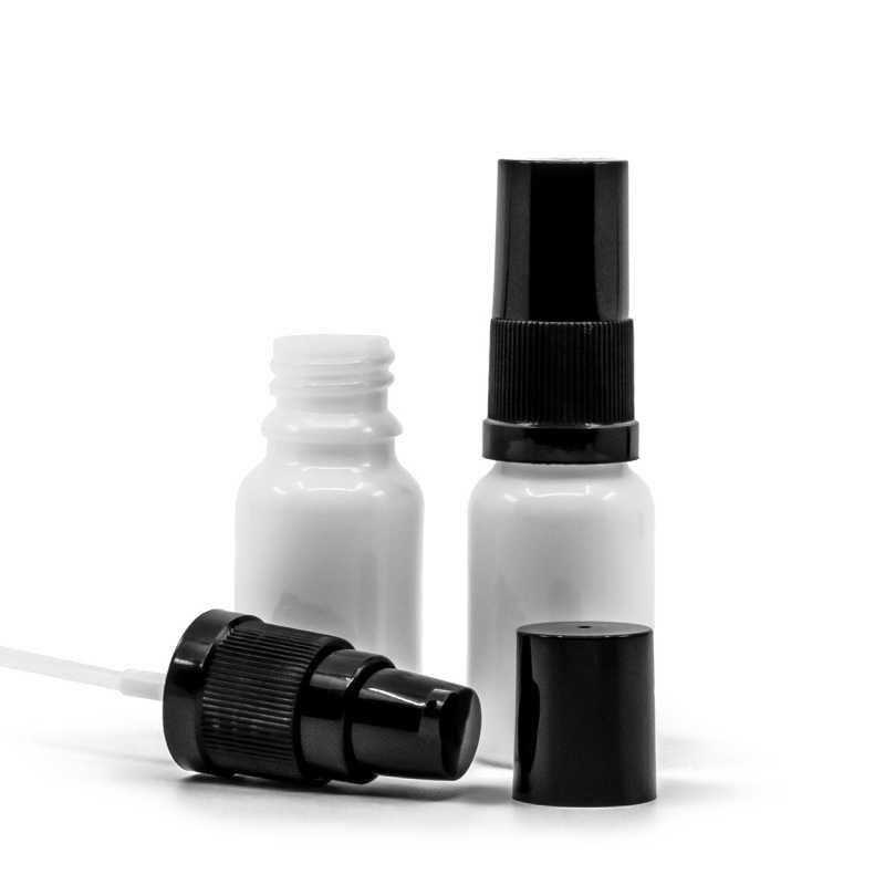 Botella, vidrio, blanca, dispensador de loción con tapa negra, 10 ml
