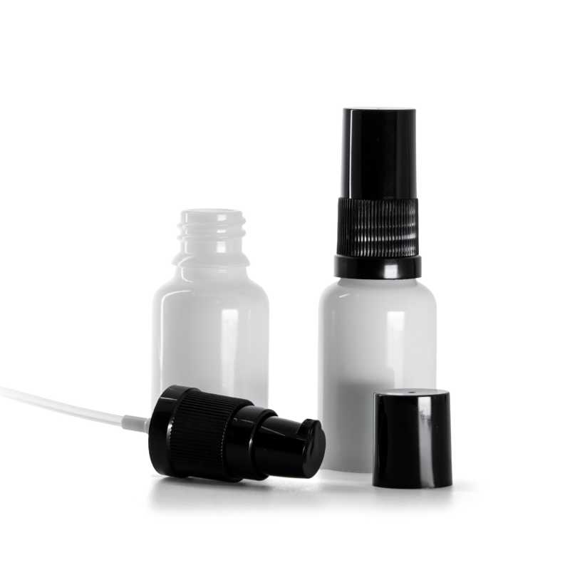 Envase de vidrio, blanco, dispensador de loción negro con sobre tapa negra, 15 ml