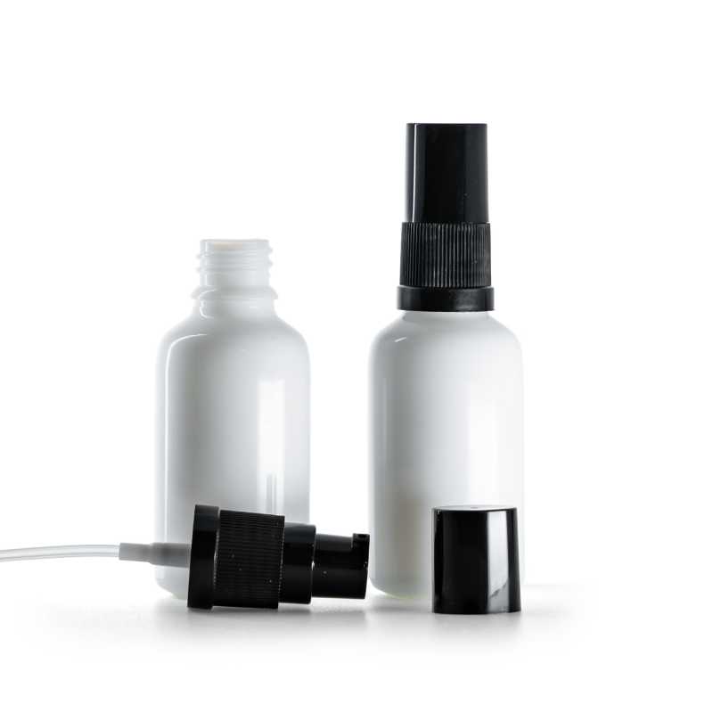 Envase de vidrio blanco, bomba loción, tapón negro, 30 ml