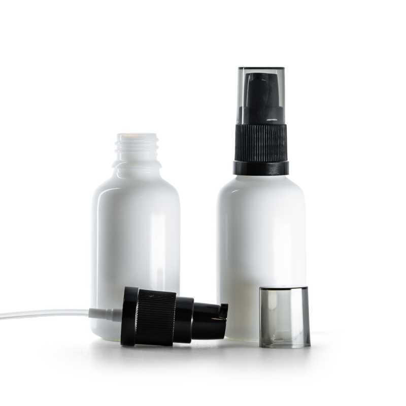 Frasco de vidrio blanco, bomba para loción con sobretapa ahumada, 30 ml