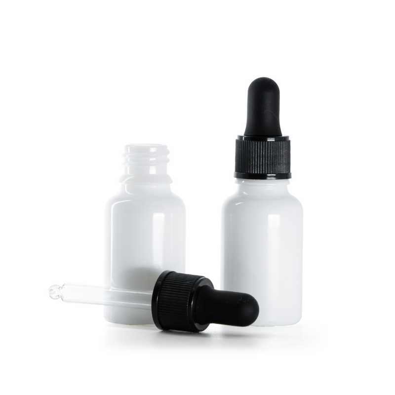 Frasco de vidrio, blanco, gotero negro mate, 15 ml