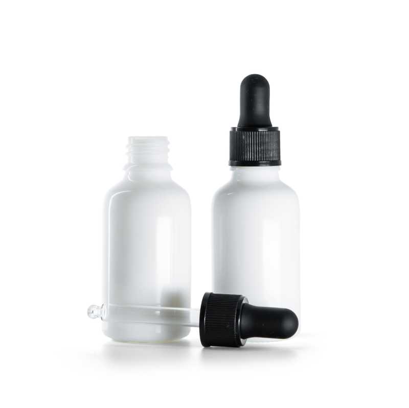 Botella de vidrio, blanca, cuentagotas negro mate, 30 ml