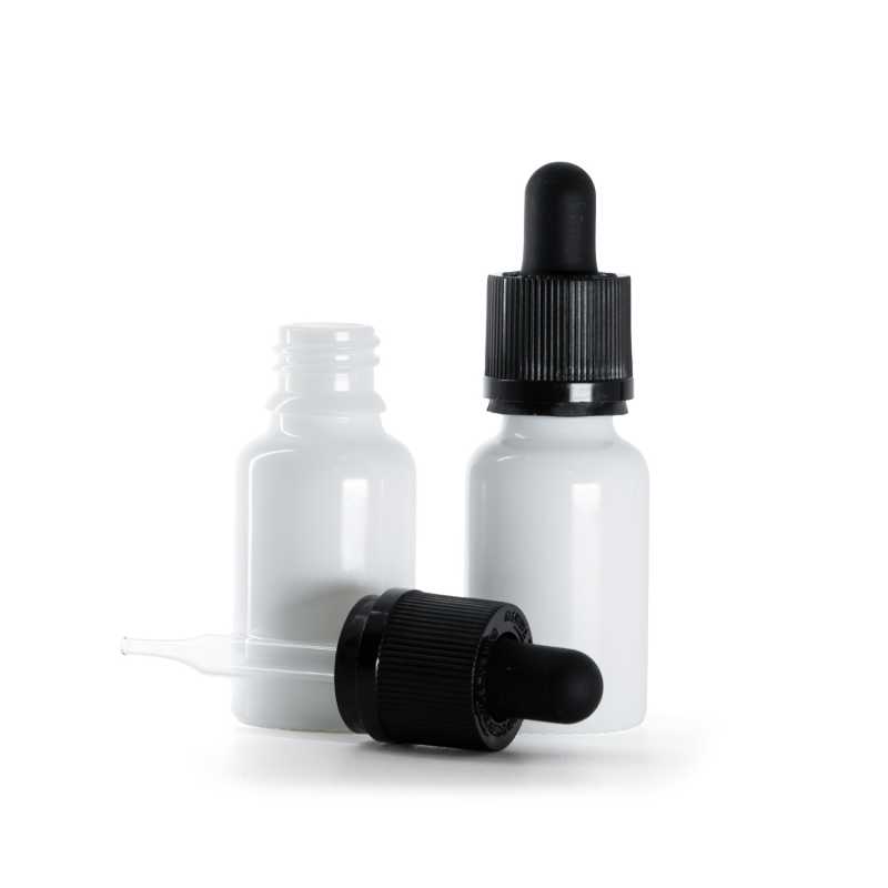 Frasco de vidrio, gotero de seguridad inviolable, blanco, 15 ml