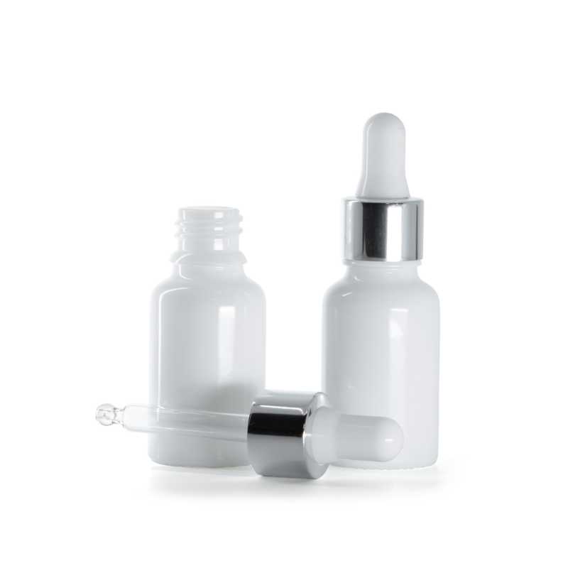 Frasco de vidrio, blanco, cuentagotas plata brillante, 15 ml