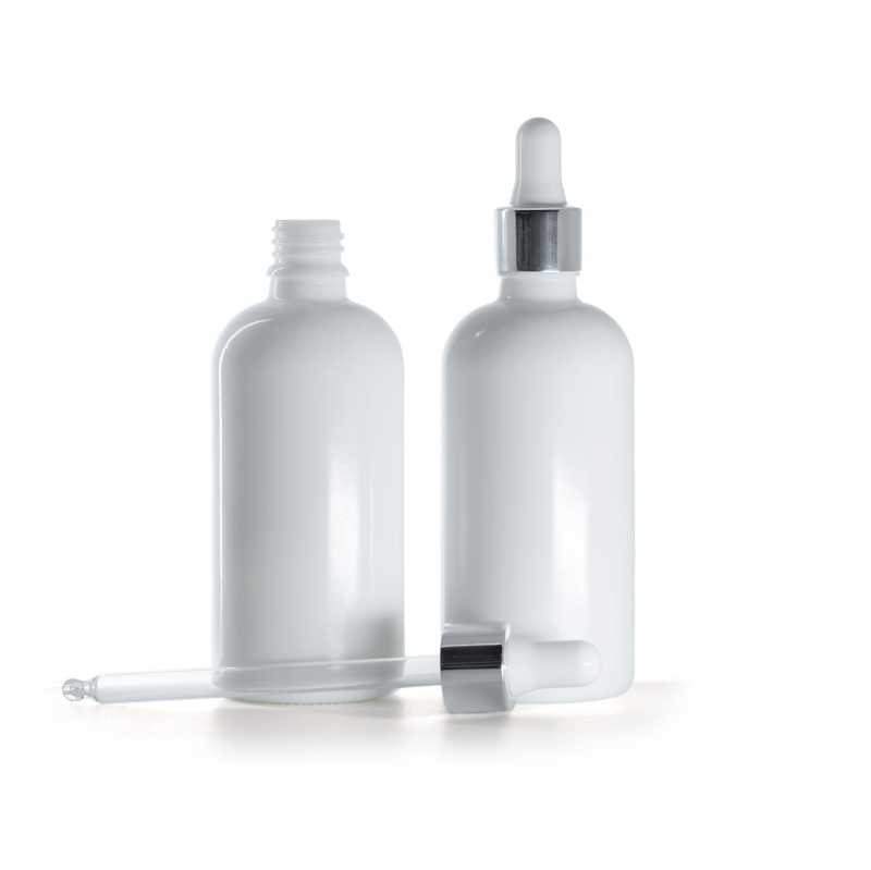 Botella de vidrio, blanca, cuentagotas plateado brillante, 100 ml
