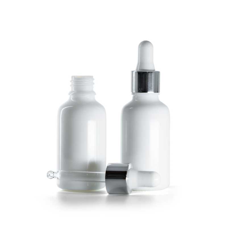 Frasco de vidrio, blanco, cuentagotas plateado brillante, 30 ml