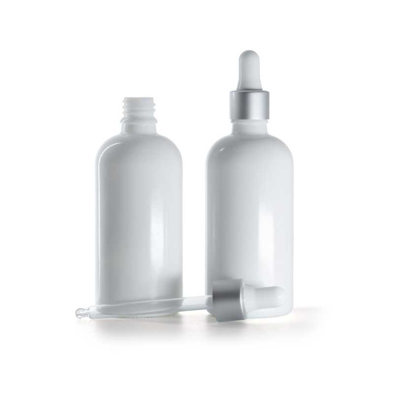 Botella de vidrio, blanca, cuentagotas plateado mate, 100 ml