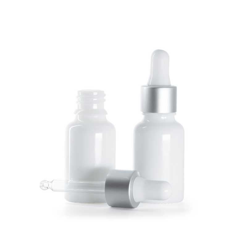 Frasco de vidrio, blanco, cuentagotas blanco plata mate, 15 ml