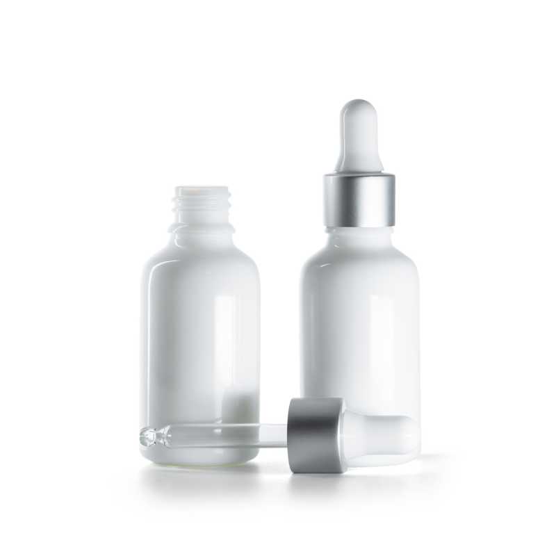 Frasco de vidrio, blanco, cuentagotas plateado mate, 30 ml