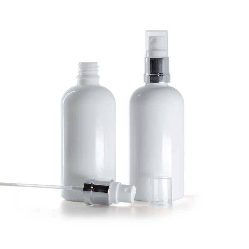Botella de vidrio, blanca, pulverizador plateado brillante, 100 ml
