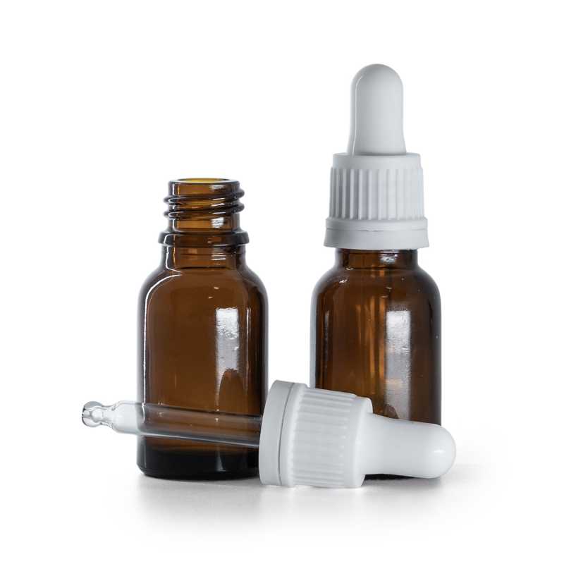 Frasco de vidrio ámbar, cuentagotas blanco, 15 ml