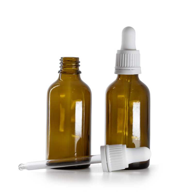 Frasco de vidrio, ámbar, cuentagotas blanco, 50 ml
