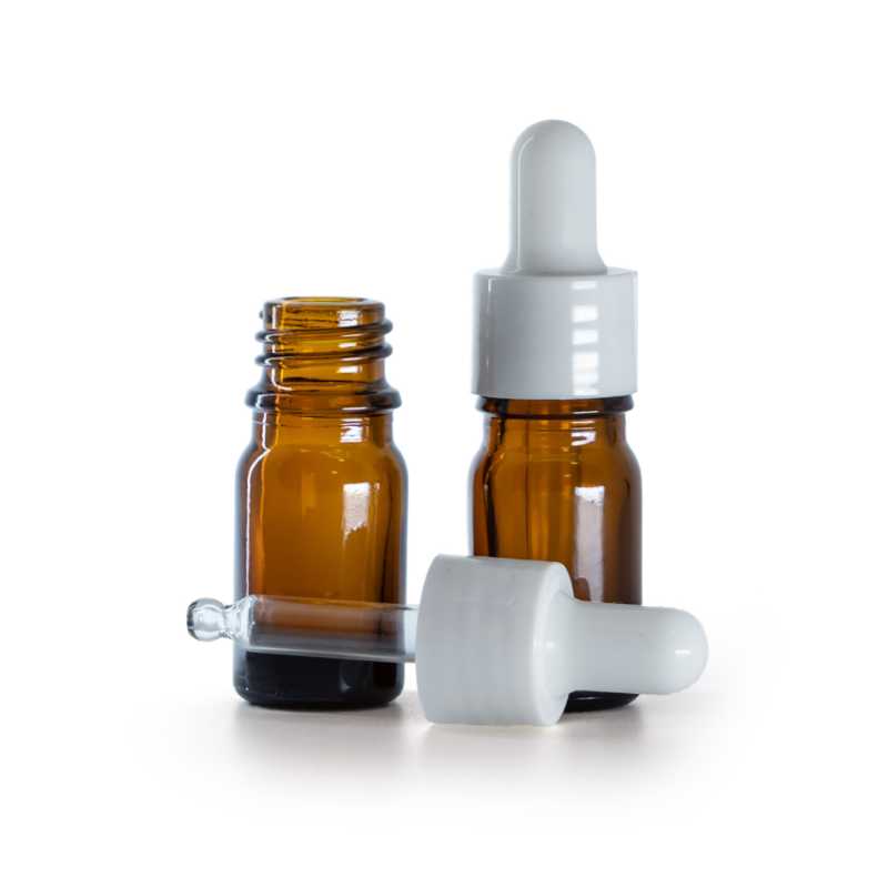 Frasco de vidrio ámbar, cuentagotas blanco brillante, 5 ml
