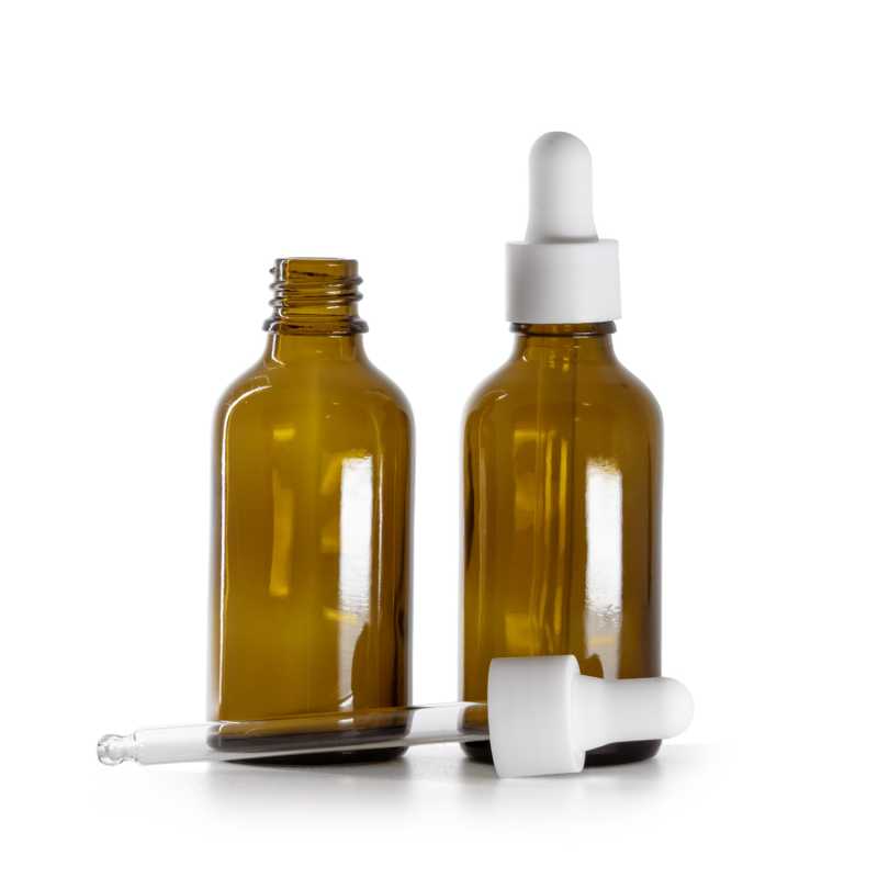 Frasco de vidrio ámbar, cuentagotas liso blanco mate, 50 ml