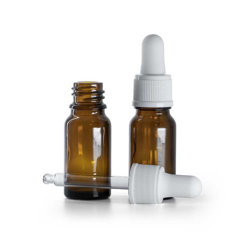 Frasco de vidrio ámbar, cuentagotas blanco mate, 10 ml