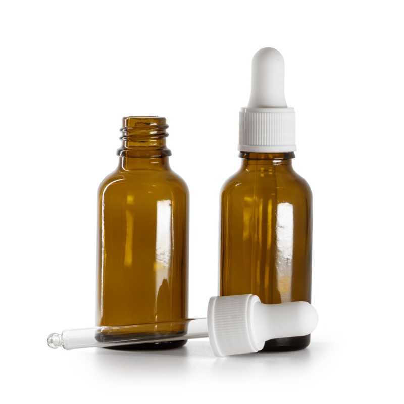 Frasco de vidrio ámbar, gotero blanco mate, 30 ml