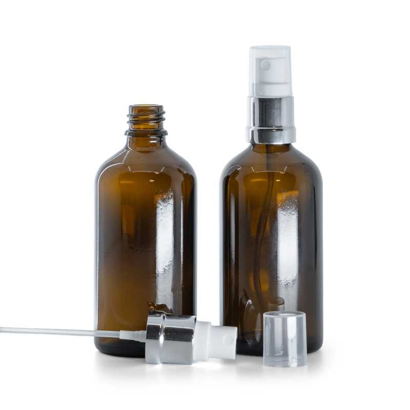 Botella de vidrio ámbar, pulverizador blanco plateado, 100 ml