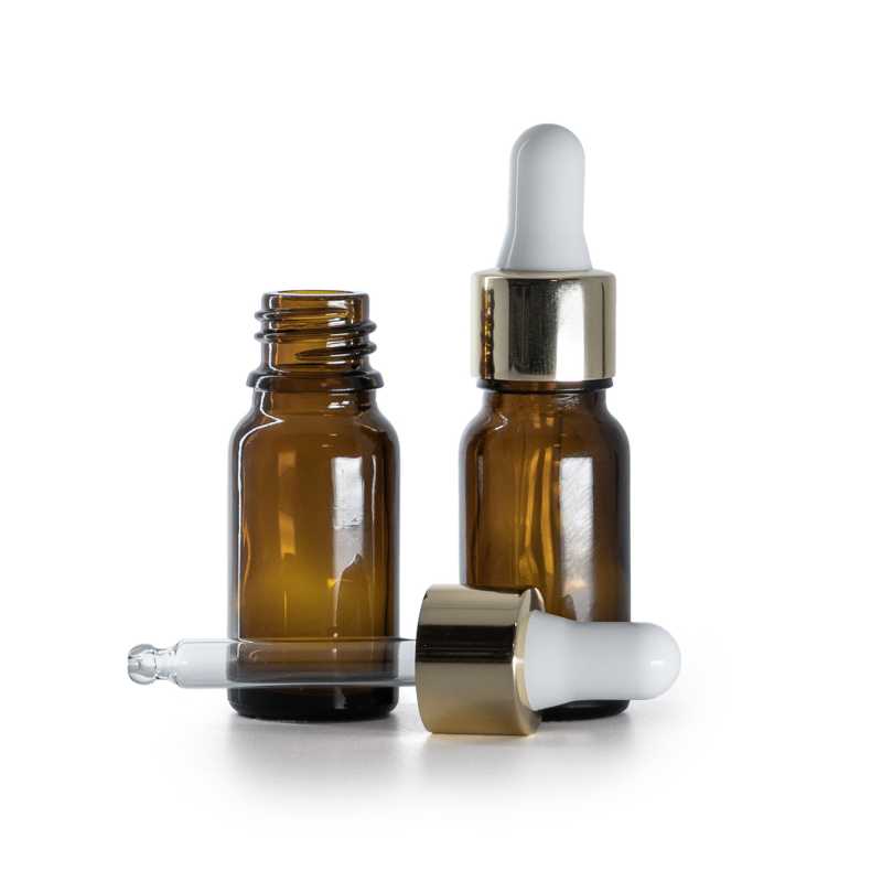 Frasco de vidrio ámbar, cuentagotas blanco dorado, 10 ml