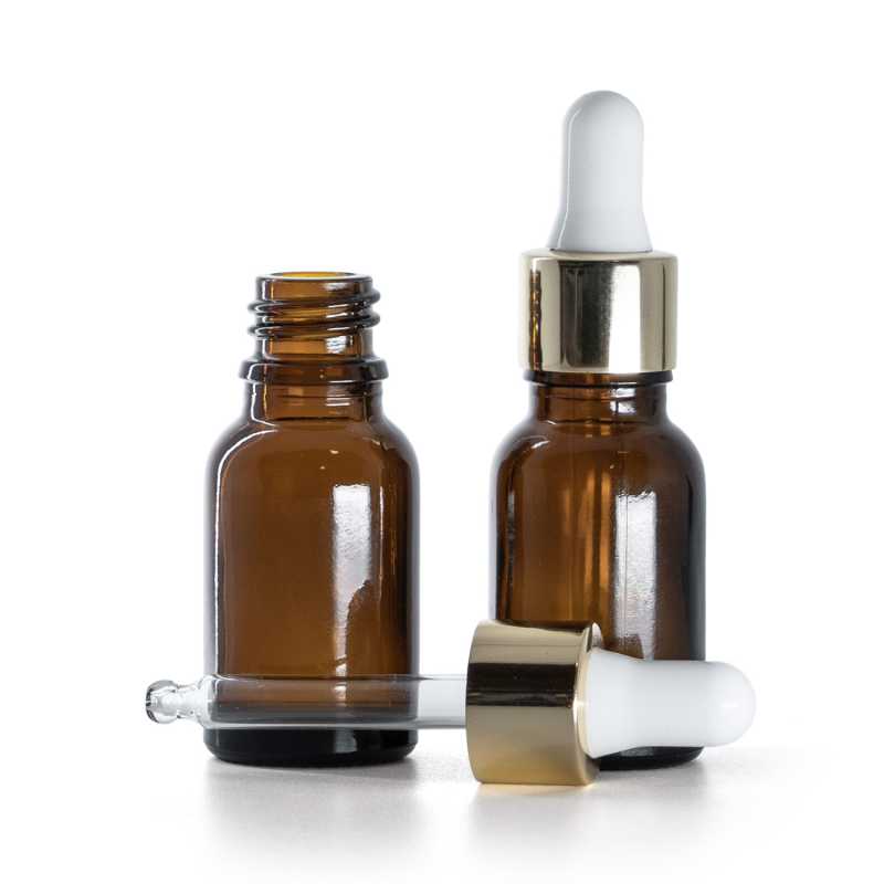 Frasco de vidrio ámbar, cuentagotas blanco dorado, 15 ml