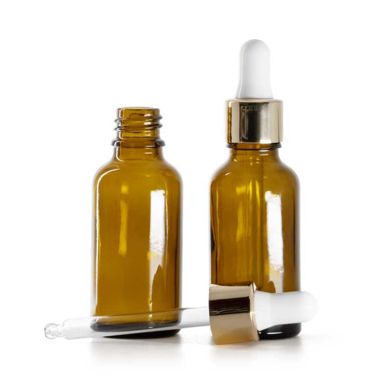 Botella de vidrio, ámbar, cuentagotas blanco dorado, 30 ml