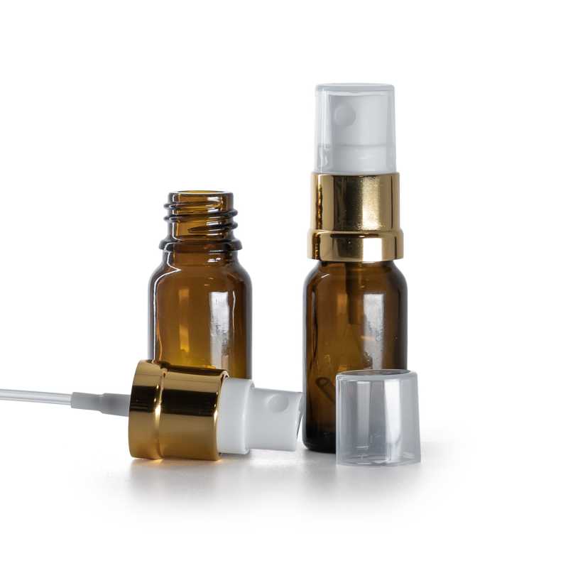 Botella de vidrio ámbar, pulverizador blanco dorado, 10 ml