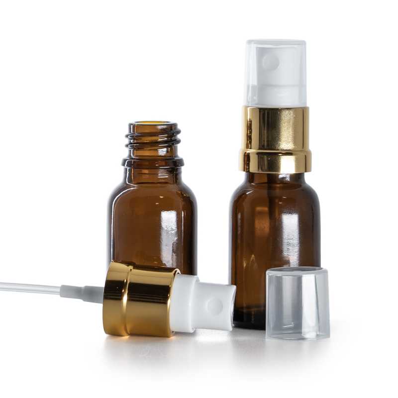 Botella de vidrio, pulverizador, blanco dorado, 15 ml