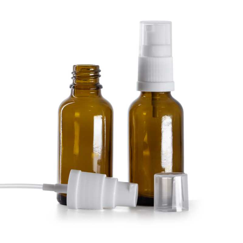 Frasco de vidrio ámbar, dosificador blanco, 30 ml