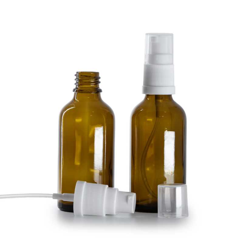 Frasco de vidrio ámbar, dispensador blanco, 50 ml