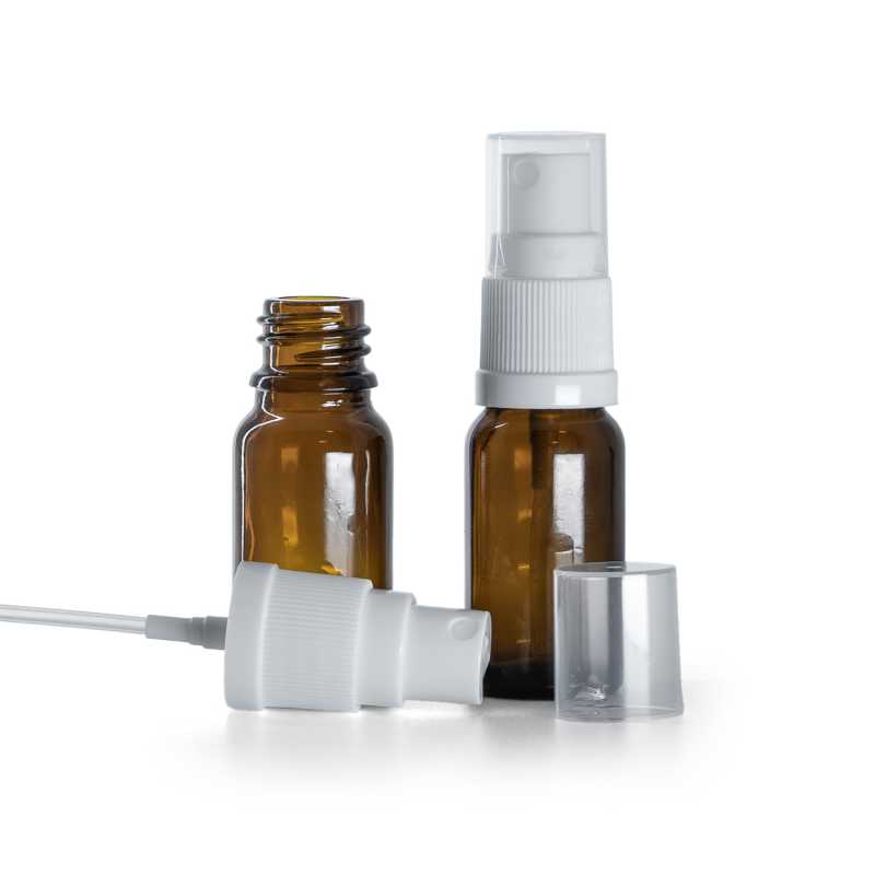 Frasco de vidrio, ámbar, pulverizador blanco, 10 ml