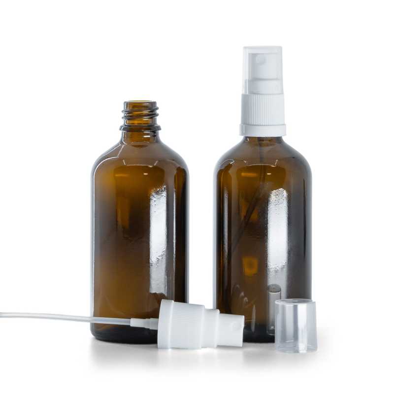 Botella de vidrio, ámbar, pulverizador blanco, 100 ml