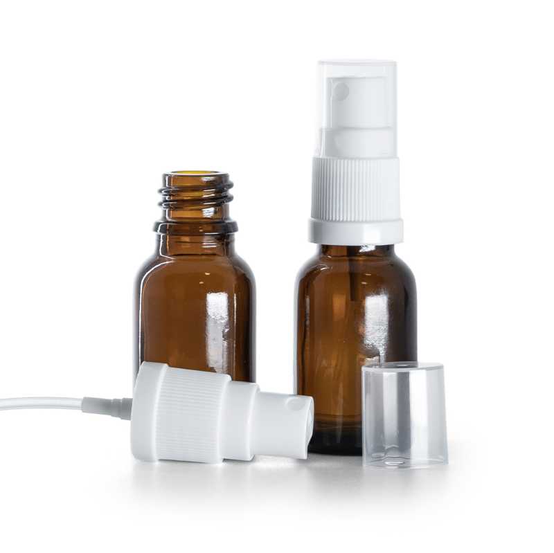 Frasco de vidrio ámbar, pulverizador blanco, 15 ml