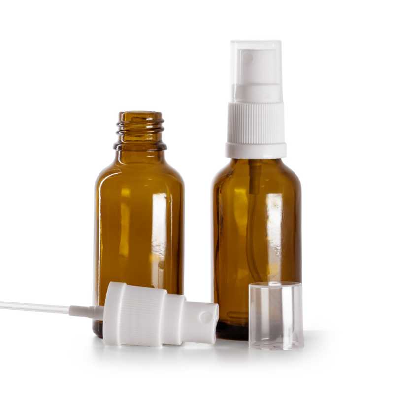 Botella de vidrio, ámbar, pulverizador blanco, 30 ml