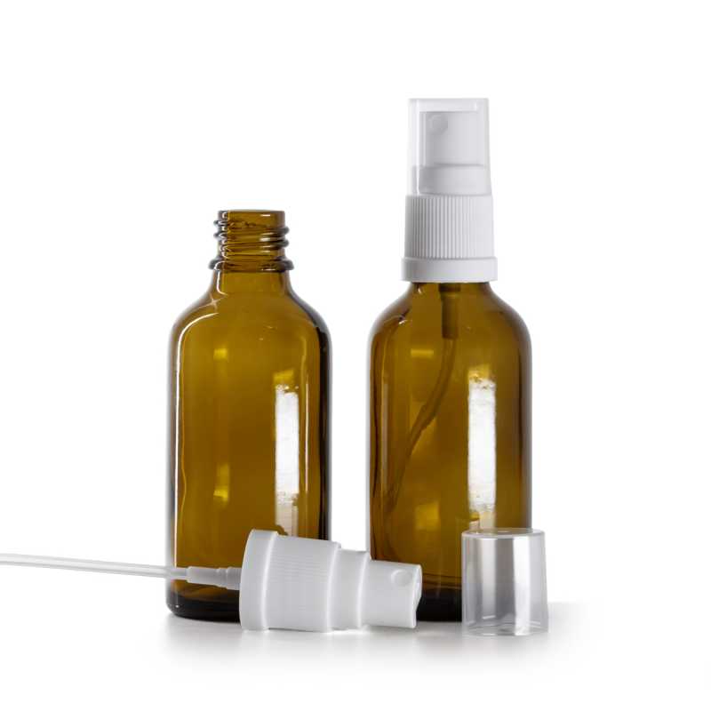 Botella de vidrio, ámbar, pulverizador blanco, 50 ml