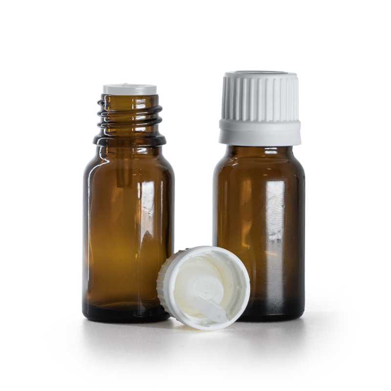 Frasco de vidrio ámbar, tapón blanco con cierre de seguridad y cuentagotas interior, 10 ml