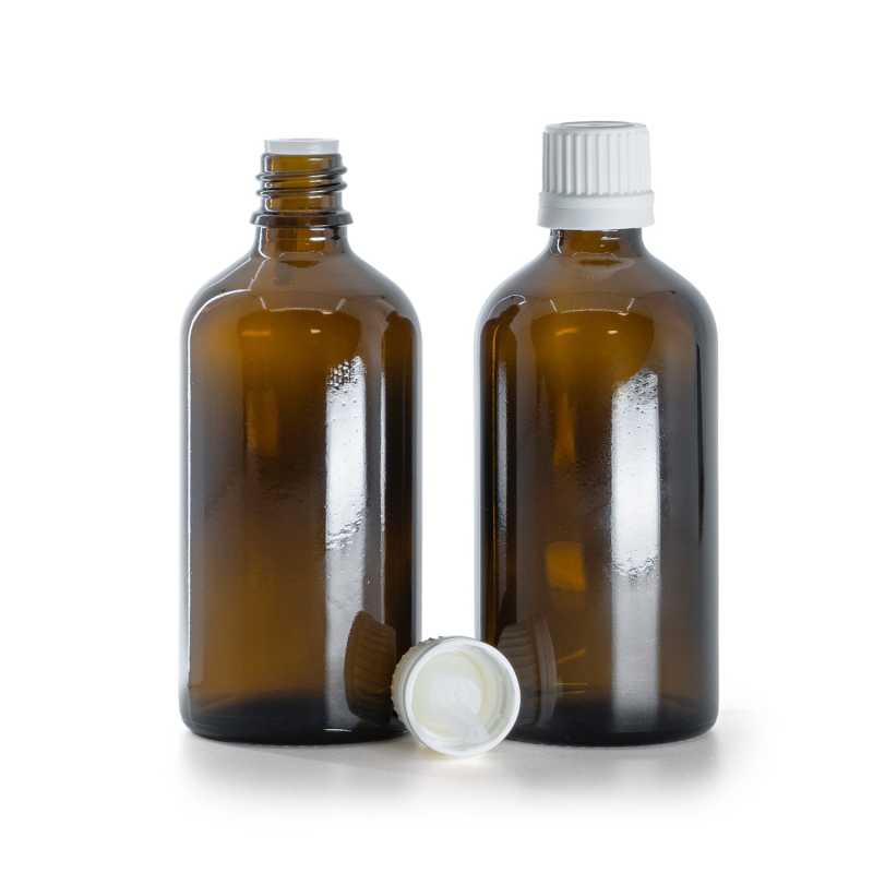 Frasco de vidrio ámbar, tapón cuentagotas inviolable blanco, 100 ml