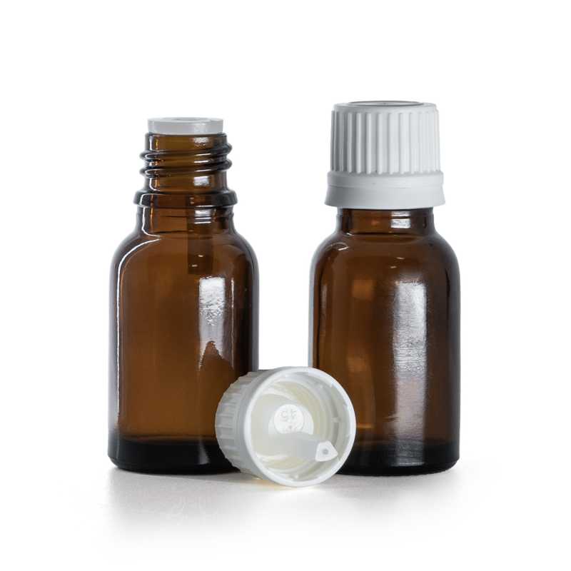 Frasco de vidrio ámbar, tapón cuentagotas blanco inviolable, 15 ml